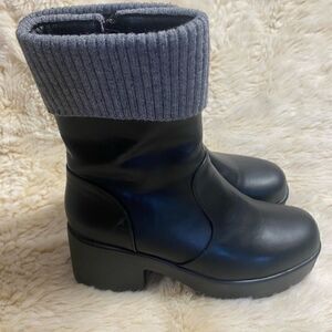 Nasty Gal Black “Leather” Boots with Gray Knit Cuff Detail size 8
